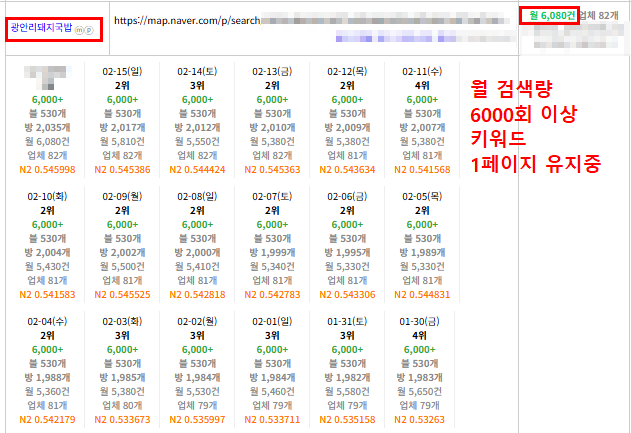 플레이스 순위작업 실적 예시